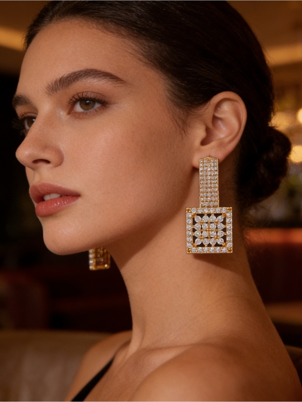 Gold-Tone Pave CZ Square Drop Earrings Statement